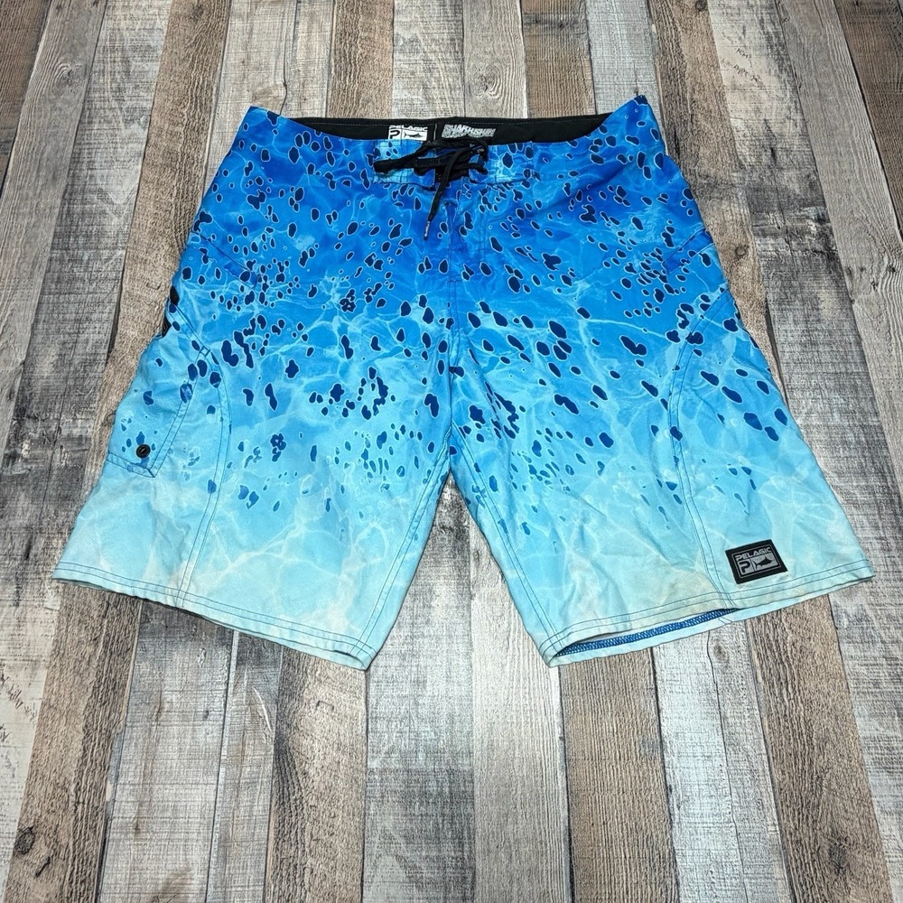 Pelagic Sharkskin Board Shorts Men's 34 Blue Fishing Performance Swim Outdoors